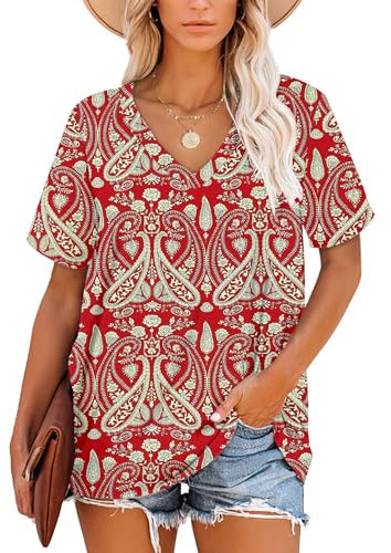 NARRAME Camiseta de Gran tamaño para Mujer con Cuello en V y Manga Corta Tops a Rayas Verano Casual Paisley Floral Boho Rojo XX-Large 2XL 50-52