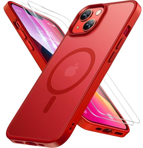 Miracase Magnetisch für iPhone 13 Hülle für Magsafe[mit 2 Schutzglas] Militärschutz Stoßfest Kratzfest Anti-Fingerabdruck Samtige Haptik Dünn Handyhülle für iPhone 13 6,1 Zoll, Matt-Rot