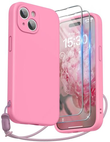 SURPHY kompatibel mit iPhone 15 Hülle Silikon mit Band & Displayschutzfolie 6,1 2023, Handyhülle iPhone 15 Case mit Kameraschutz, iPhone 15 Schutzhülle, Pink