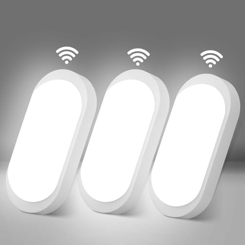 IEGLED 3 Stücke Wandlampe mit Bewegungsmelder, IP65 Kellerleuchte mit Dämmerungssensor, 12W Feuchtraumleuchte, 1080LM LED Deckenleuchte, 4000K Lampe Oval für Keller, Flur, Garage, Balkon