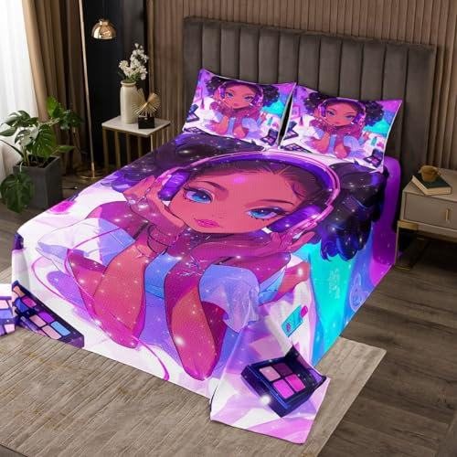 Schwarze Mädchen Magische Bettwäsche Set 170Bx210L Amerikanische Afrikanische Prinzessin Steppdecken-Set für Mädchen Kinder Afro Mädchen Bettwäsche Set für Teen Frauen Mode Make-Up Dekor Coverlet Set