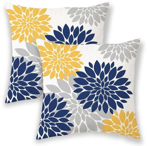 BETGINY Kissenbezüge für den Sommer, für den Außenbereich, 50,8 x 50,8 cm, marineblau, gelb, 2 Stück, geometrisch, elegant, Dahlie, dekorative Dekokissen, graue Blumendekoration, Leinen, Kissenbezug
