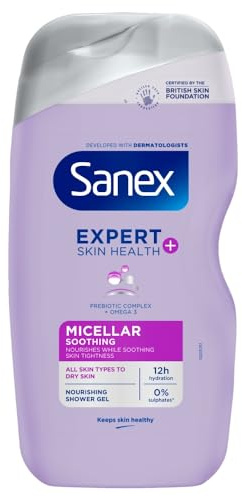 Sanex Expert Skin Health+ Micellar Soothing Shower Gel 450 ml, for dry skin, body wash for men & women, nourishes skin, soothes skin tightness, 12 hour hydration, prebiotic & postbiotic complex