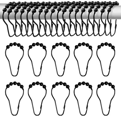 Prebarfun 40 Pcs Shower Curtain Hooks, Black Roller Balls Bath Curtain Rings, Shower Rail Hooks for Bathroom Rods