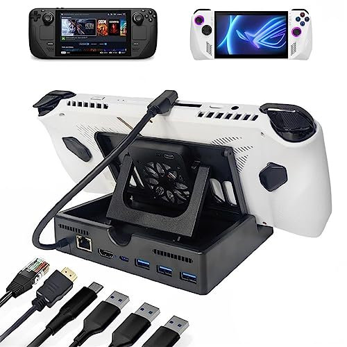 6 in 1 Docking Station Cooling Base for Rog Alloy X 2024 / Steam Deck OLED, Charging Dock Heatsink with HDMI 2.0 4K@60Hz & Quick Charge & Gigabit Enternet & & USB 3.0 Port for Rog Ally