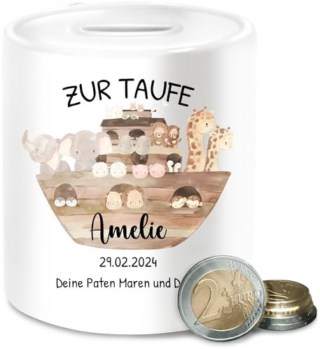 Spardose - Zur Taufe Arche Noah personalisiert | Taufgeschenk | - Unisize - Weiß - Geld verpackung Taufe Geschenke firmung konfirmation spardosen konfirmationsgeschenke taufgeschenke