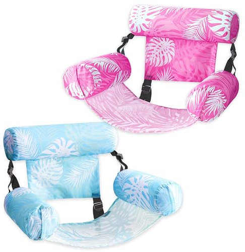 SLOOSH Aufblasbare Luftmatratze Pool für Erwachsene, 2er schwimmende Pool-Flöße, aufblasbare Pool-Nudeln für Erwachsene, Schwimmstuhl für Partys, Sommer, Wasser, Strand, Tropische Blätter, Cyan, Rosa