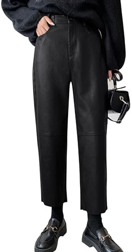 HaoMay Women's Faux Leather Pants Straight Leg High Waist Ankle Pleather Trousers(Black-M)