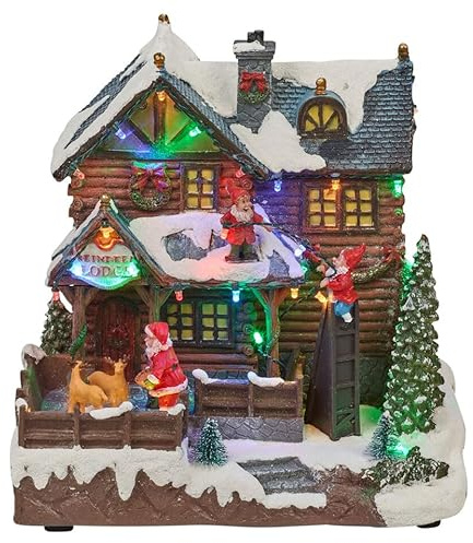 URBNLIVING 25cm Light Up Christmas Traditional Festive Village Scene Illuminated LED Decor Town with Music Ornament Decoration LED Multi Colour Xmas Lights Battery Operated Indoor