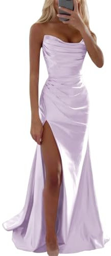 KURFACE Damen Satin Ballkleider mit Schlitz Plissee Meerjungfrau formelle Partykleid Korsett Abendkleid, Flieder, 40