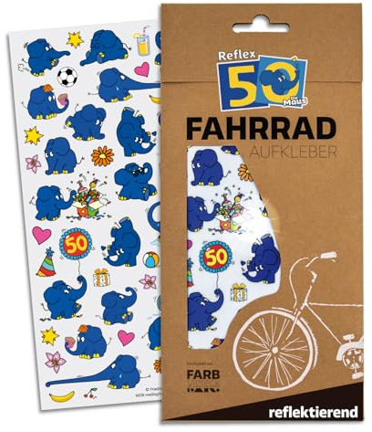 Farbviereck Fahrrad Aufkleber Die Maus 50 Jahre Elefant Reflex - Lizenzprodukt Fahrradaufkleber Elefant - Ente - Mäuse für Roller - Kinderwagen - Helm Mausaufkleber als Fahrradaufkleber R0031