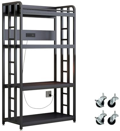 METYERRY Adjustable 4-Tier Heavy Duty Kitchen Baker's Rack with Power Outlet, with Industrial Wheels, Free Standing Microwave Oven Cart Stand for Storage, Garage, Mini Fridge Stand, Black