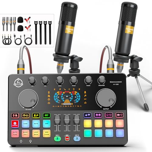 Podcast Equipment Bundle for 2, Audio Mixer Voice Change with XLR Dynamic Microphone, Perfect for Vocal Recording, Podcasting, Streaming, Video Vocal, Singing, PC, Phone, TikTok, COMMANDER M100 3rd