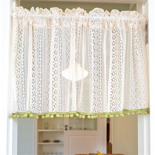 Scheibengardinen Leinen Boho Bistrogardine Leinen, Kurzgardine Landhausstil Vintage Fenster Vorhang Häkelgardine Landhaus Semi-Transparente Verdunkelungsvorhänge Mit Kleiner Fellball (BxH 140x40 cm)