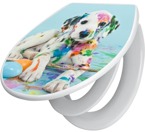 banjado Familien WC Sitz mit Absenkautomatik 44,5x37cm / Klodeckel/Klobrille mit Kindersitz aus hochwertigem Polypropylen/Toilettensitz Kindersitz integriert Motiv Bunter Dalmatiner