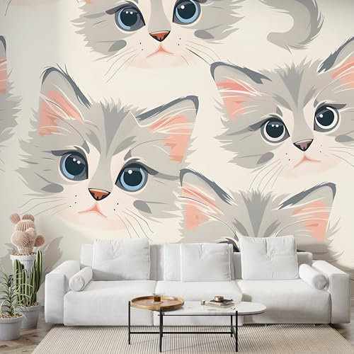 Boceoey Papier Peint Panoramique Chat Dessin Animé - Papier Peint Intissé Autocollant - Aquarelle Chat Décoration Murale Moderne - Adhésif Mural Décoratif pour Salon Chambre, 400x280 cm - S-835