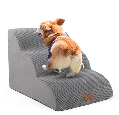 CALIYO Hundetreppe 3 Stufen，Hundetreppe für Kleine Hunde,Treppe für Hunde aus Hochdichtem Schwamm,Haustiertreppe Mit waschbarem Bezug und rutschfestem Boden(60 * 40 * 40CM,Grau)