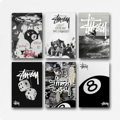 Maqiae A Set Of 6 Stussy Poster Retro Vintage Music Cover Poster Für Zimmer, Ästhetische Leinwand-Wandkunst, Schlafzimmer-Dekor Poster 08x12inch(20x30cm)