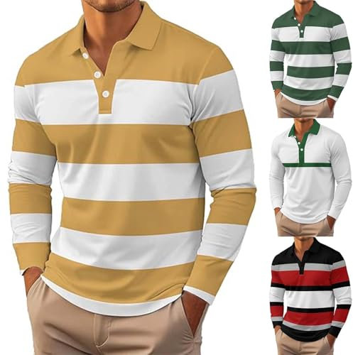 Herren Poloshirt Langarm mit Kragen Streifen Langarmshirt Leichte Sommerhemd Bequem Atmungsaktiv Golf Polo Shirt Polohemd Männer Regular Fit Revers Stehkragen Übergangshemd mit Knöpfen(A1-Yellow, XL)