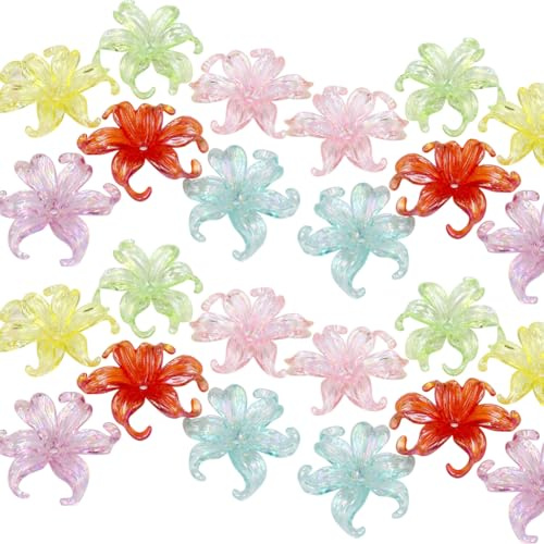 JIHUOO 40 Stk große Acryl-Blumen-Spacer-Perlen große transparente Kunststoff-Blumenperlen Lilienförmige Perlen beschichtete Blumen-Charms AB-Farbe Perlen ästhetisches Armband-Herstellungs-Charms für