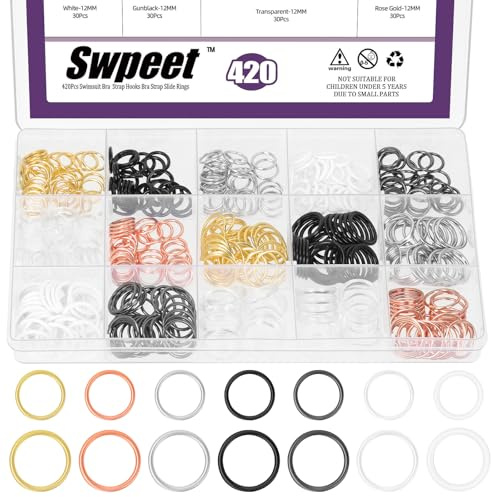 Swpeet 420Pcs 7 Colors 8 mm 12 mm Figure O Shape Bra Strap Sliders Kit, Swimsuit Strap Adjustment Rings, Metal Bathing Suit Clips Clasp, Bra Strap Slide Replacement for Swimsuit Tops and Lingerie