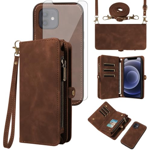 Asuwish Phone Case for iPhone 12 Pro iPhone12 6.1 Zipper Wallet Detachable Cell Cover with Tempered Glass Screen Protector Crossbody Strap Flip Card Holder iPhone12pro 5G i 12s 12pro Women Girls Brown
