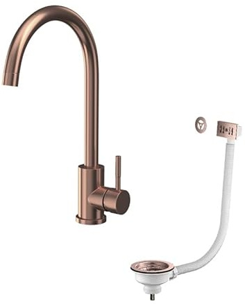 Bronx Brushed Bronze Mono Kitchen Tap with Waste and Overflow Covers | Brushed Bronze Finish | Swivel Spout | Single Lever | Inc Strainer Waste and Matching Overflows | Kitchen Tap |