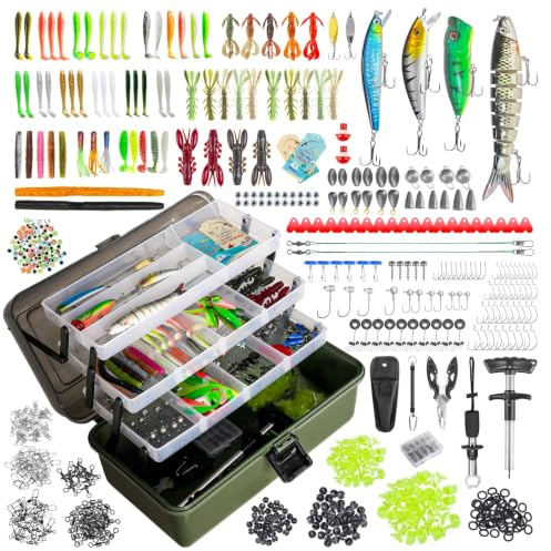 605-Teiliges Angelzubehör Set, 4-Regal Fishing Angelkoffer mit Zubehör,Angel Starterset mit Lippenclips, Hakenentferner, Forellenköder, Barsch Köder, Blei-Gewichten, Haken, Angelgeschenk für Männer