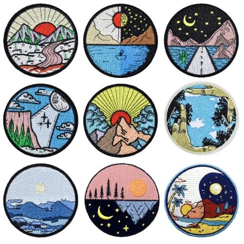 9 Pcs Outdoor Scenery Iron on Patches for Jackets,Assorted Outdoor Travel Adventure Hiking Camping Embroidered Sew on Nature Landscape Sunrise Patches for Hats Backpack Clothes Jackets Jeans
