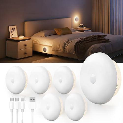 Homelist Nachtlicht mit Bewegungsmelder, 1500mAh Akku, 6 Stück | Nachttischlampen mit weichem indirektem Licht, 3 Lichtfarben, dimmbar, für Schlafzimmer, Flur, Bad, Kinder und Senioren