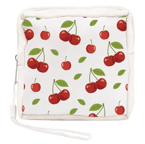 PRESSINART Binden Aufbewahrung Kleine Tasche für Hygieneartikel 13 x 13 x 4 cm Kirsch Perioden Tasche mit Reißverschluss Tragbare wasserdichte Menstruationstasche für Damen Mädchen Alltag Geschenk