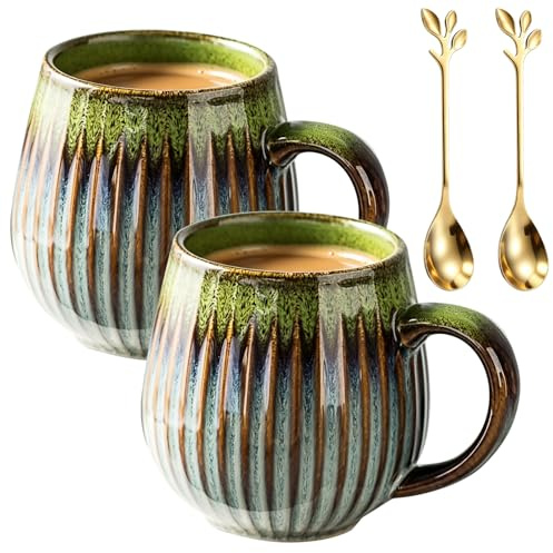 Vintage Kaffeetasse aus Keramik 500ml, 2er Grün Kaffeetasse Groß mit Blattgold-Löffel Tee Tasse mit Henkel Porzellan Cappuccino Tassen, Kaffeebecher Keramik Latte Tassen Becher