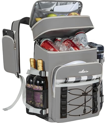Kühlrucksack,21L Picknicktasche mit Kühlfach für Bier,Wasserdichter,Grau | Isoliert Kühltasche , Doppellagig Auslaufsicher Thermotasche, Rucksack für Picknick, Strand oder Wanderungen,Große Kapazität