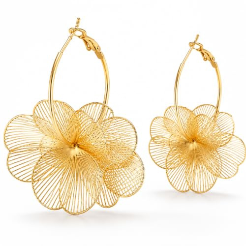 Goldene Blumen-Earrings ohrringe hängend große goldene Ohrringe für Frauen | Legierung, große Blumenform, Gold, leicht, Damen, 1 Paar, für Alltag, Party, Hochzeit, angenehmes Tragegefühl