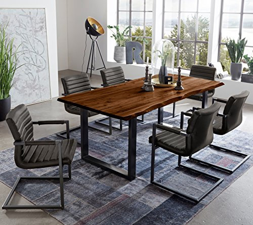SAM 7 TLG. Essgruppe Quintus, Baumkantentisch 160x85 cm, Akazie-Holz nussbaumfarben, Gestell schwarz, 6X Schwingstuhl Parzivo anthrazit