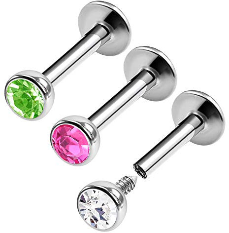 KJM FASHION 3 STK Metall Internally Threaded Labret 1,2 mm 16 g 6mm 1/4 3mm Peridot Kristallkugel Cartilage Madonna Marilyn Monroe Ohrringe Piercing Schmuck 0452
