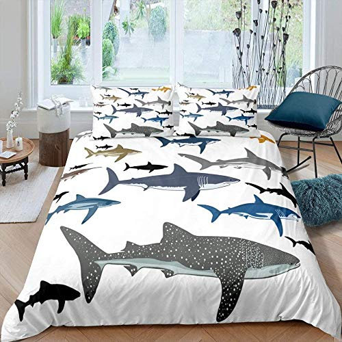Fadaseo Bettwäsche Meerestier Hai Musterdeluxe 3 Teilig Aus 100% Baumwolle Mit Reißverschluss Bettwäscheset 1 Bettbezug Und 2Kissenbezug (135 X 200 cm)