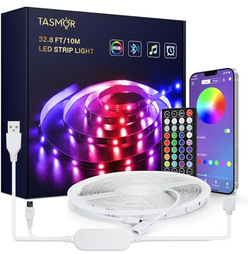 TASMOR USB LED Strip Light 10m, RGB Colour Changing Light Strips with Remote, Music Sync, App Control, LED Lights for Bedroom Home Party Kitchen DIY Decoration