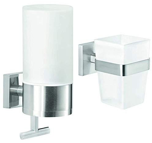 tesa® EXXCLUSIV Seifenspender + tesa® EXXCLUSIV Zahnbürstenhalter, Edelstahloptik, modernes Design, rostfrei, inkl. Klebelösung