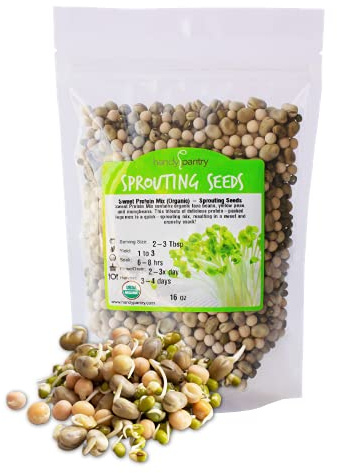 Organic Sprouting Seeds - Handy Pantry Sweet Protein Mix 1 lb. - Fava Bean, Mung Bean, & Yellow Pea Seeds - High Protein Food for Daily Health or Food Storage - Easy and Delicious Organic Sprout Seed