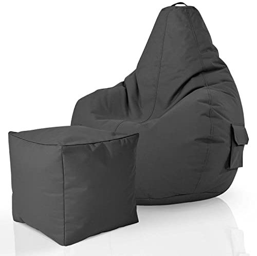 Green Bean 2er Set Sitzsack + Hocker - fertig befüllt - robust waschbar schmutzabweisend - Kinder & Erwachsene Bean Bag Bodenkissen Lounge Sitzhocker Relax-Sessel Gamer Gamingstuhl Pouf - Anthrazit