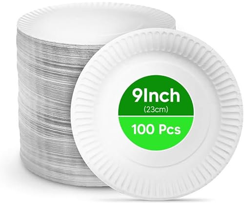 Tezraftaar Biodegradable 100 Disposable Paper White Plates – Party and Wedding Plates for Hot and Cold Foods Microwave - (9 inch, 23cm) (Pack of 100)