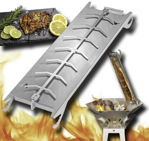 FENNEK Edelstahl Flammlachshalter für Feuerschalen & Kugelgrills | mit speziellem Spannmechanismus- Keine Schrauben nötig | 180° drehbar | Perfekte Alternative zum Flammlachsbrett | Made in Germany