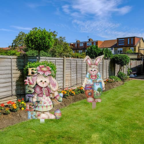 D-Rings Gartenstecker Osterdeko für Draußen, Osterstecker Frohe Ostern Deko Außen Modern, Beetstecker Gartendeko Tierfiguren Deko, Hof Schilder Dekoration Hase, Frühling Garten Rasen