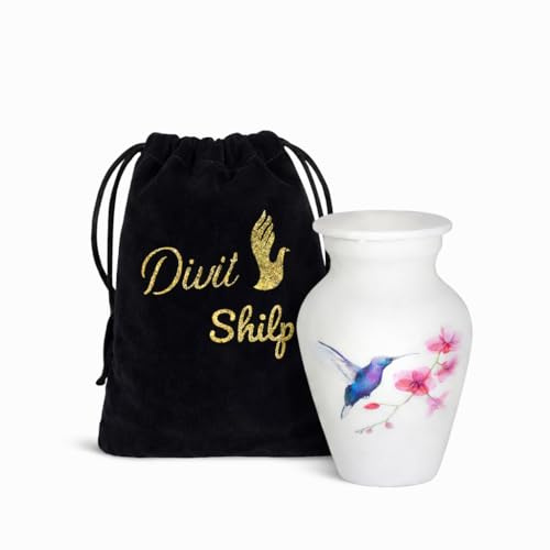 Divit Shilp Kleine Andenken-Feuerbestattungs-Urne mit Einer Samttasche | Eine Auswahl von Farben | Benutzbares Mini-Symbolgefäß aus Metall für Menschenasche. (Keepsake, Hummingbird White)