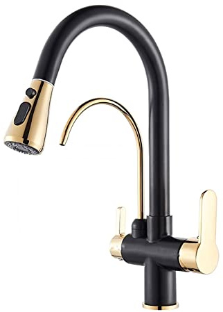 Rubinetto Per Cucina 3 Vie Per Sistemi Osmosi Con Doccetta Estraibile A 2 Modalità, Doppia Leva Girevole A 360° Ottone Miscelatore Cucina Tre Vie Acqua Fredda E Calda Rubinetto Lavello Cucina, Nero