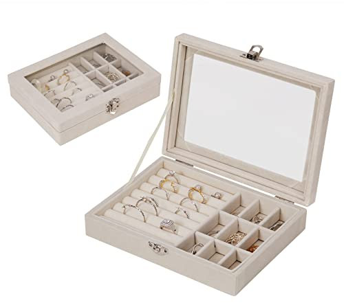 Schmuckkästen mit Glasdeckel, Schmuckkästchen, Schmucktablett mit Schloss, Schmuckkoffer, Schmuckschatulle, Schmuckbox Reise, 9 Gitter Schmuckaufbewahrung für Damen Ohrringe Armbänder Schmuck