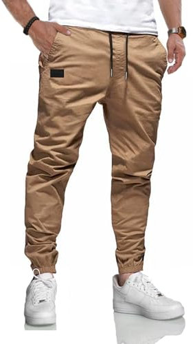 LIUPMWE Herren Hose Chino Cargohose Jogginghose Baumwolle Casual Sporthose Sweatpants Herren mit Taschen Freizeithose Elastische Taille mit Kordelzug,XXL,Bronze 01