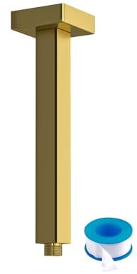 Lordear Bras de douche et bride de montage au plafond doré, bras d'extension de 3,5 m pour pommeau de douche à effet pluie, carré