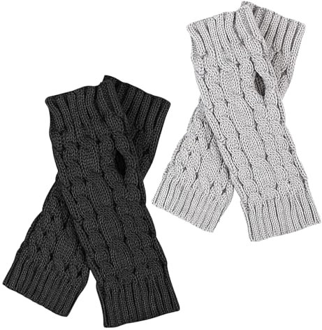 UQTUKO Fingerlose Handschuhe, 2 Paar Winter Gestrickte Handschuhe für Damen, Pulswärmer Strick Armstulpen, Handstulpen Wärmer Kurzer Unisex (Schwarz+Grau)
